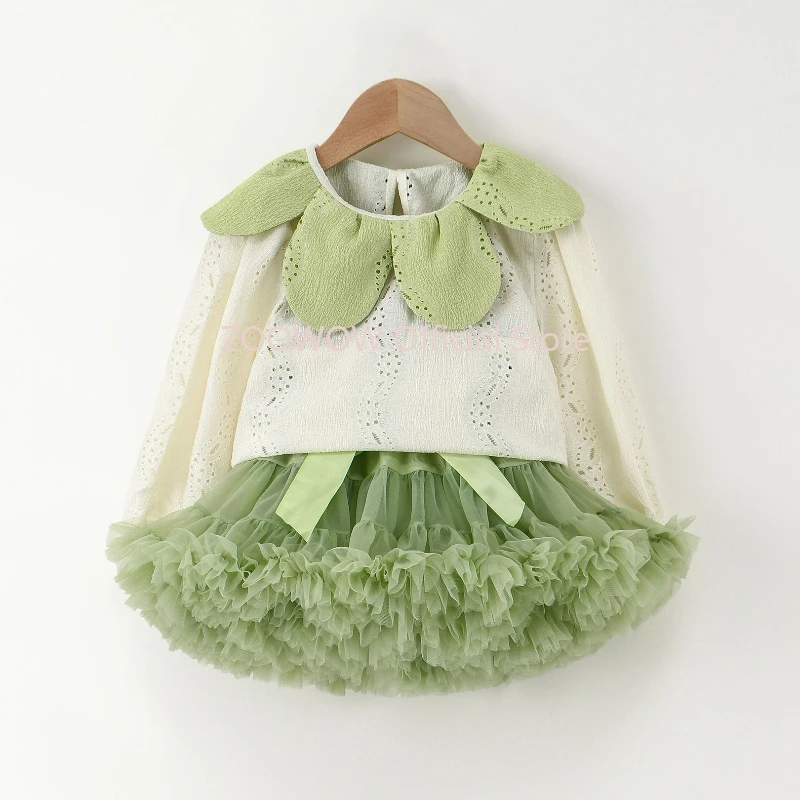 2 uds nuevos niños niñas cuello con volantes camiseta de manga larga + falda tutú verano con volantes falda de tul esponjosa conjuntos de ropa W-S168