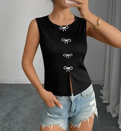 2025年夏 レディース エレガント 通勤スタイル 小さなベスト スリット入り ノースリーブトップ