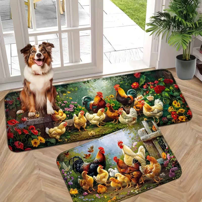 Bright Farm Rooster and Floral Pattern Doormat - Non-Slip, Machine Washable Entrance Mat, Chicken Flowers Rug for Home Decor