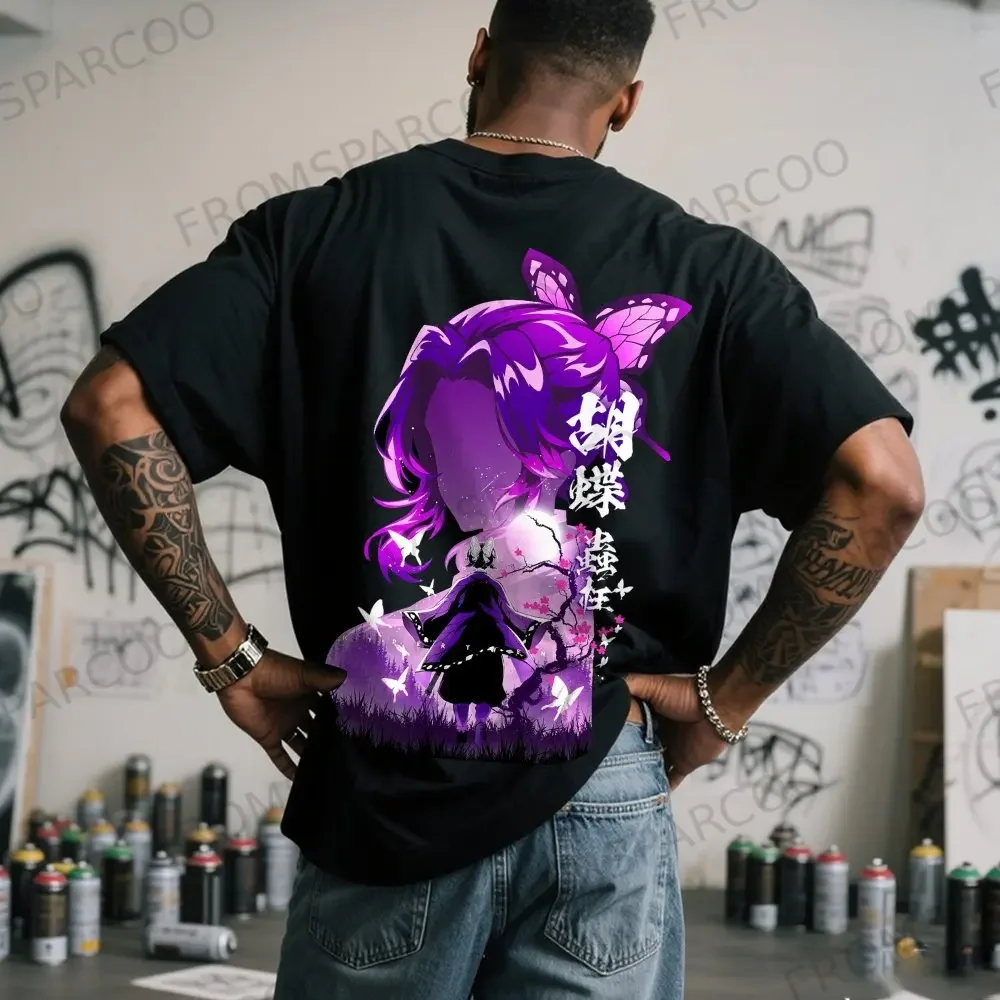 Kimetsu No Yaiba Shinobu 2026 New Hot Anime T - Shirt Summer Men's Black Cotton with Purple Butterfly and Text Print Casual