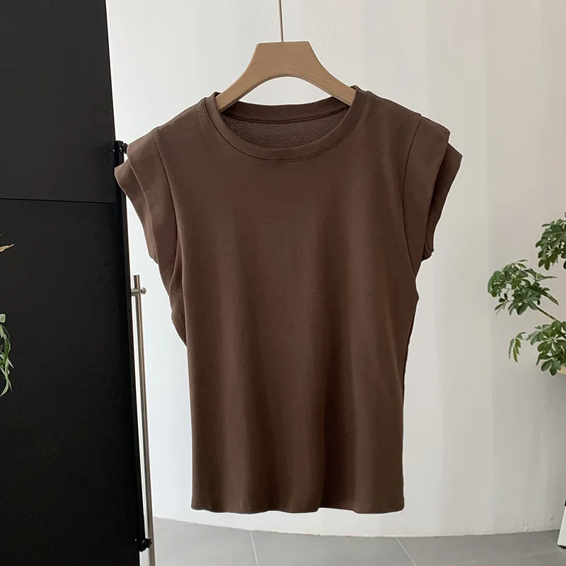 

Women's Loose Cap Sleeve Split Joint Round-Neck T-Shirts Tops Solid Color for Casual Summer Look