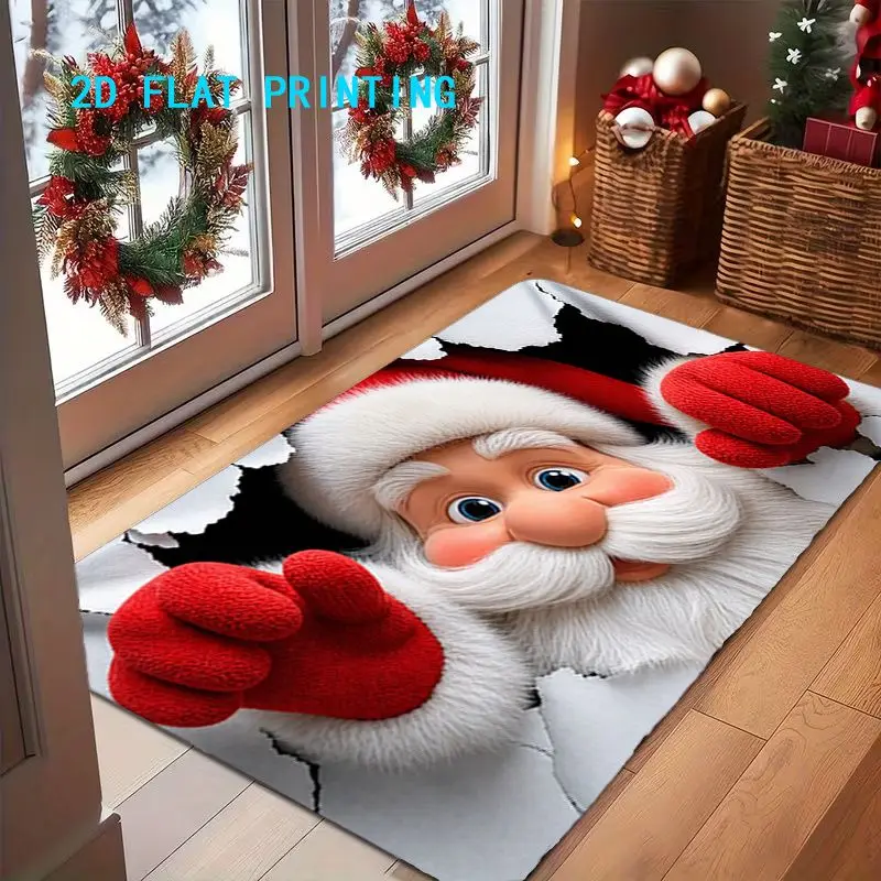VIKAMA 3D Santa Breaking Wall Doormat Funny Christmas Welcome Mat Hands Reaching Entryway Rug Xmas Floor Decor