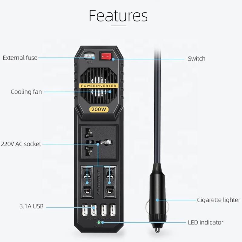 Hot Selling  200W Car Power Inverter dc to  ac 12v 220v power inverter with 4 usb charging ports