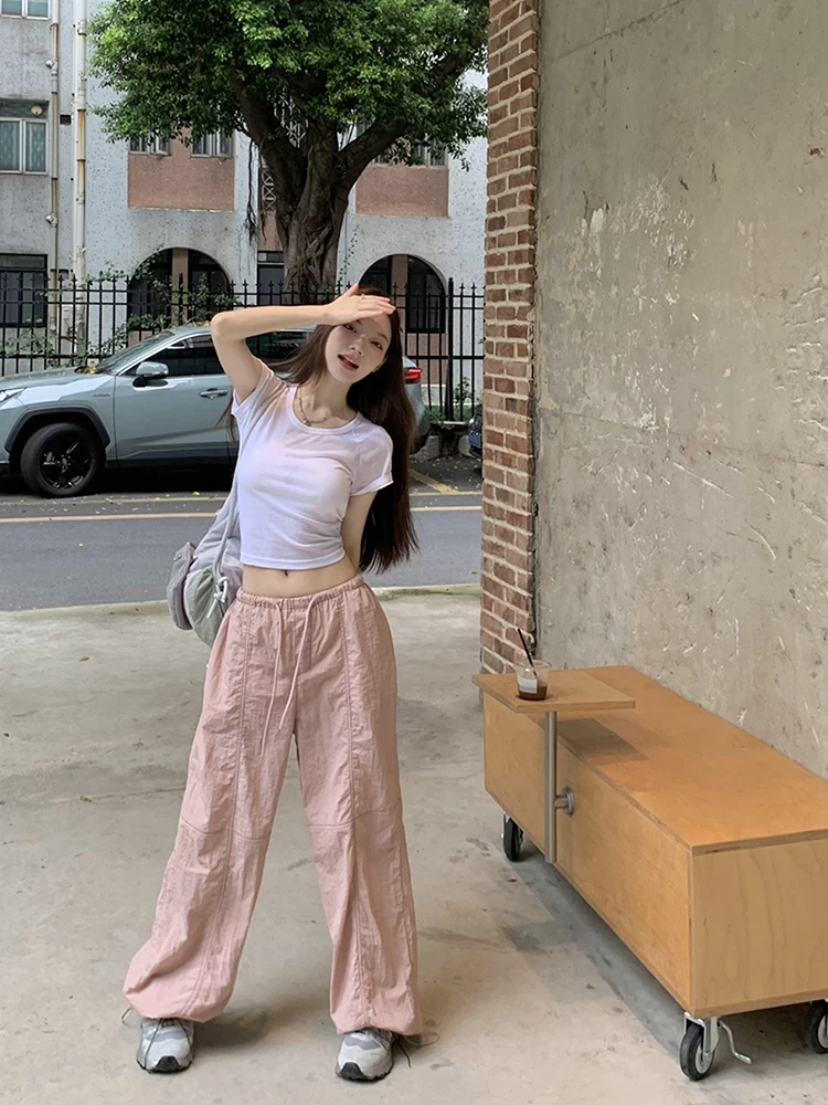 Summer All-Match Drawstring Lace-up Women Cargo Trousers Casual Cool Girl High Waist Solid Color Simple Sports Full Length Pants