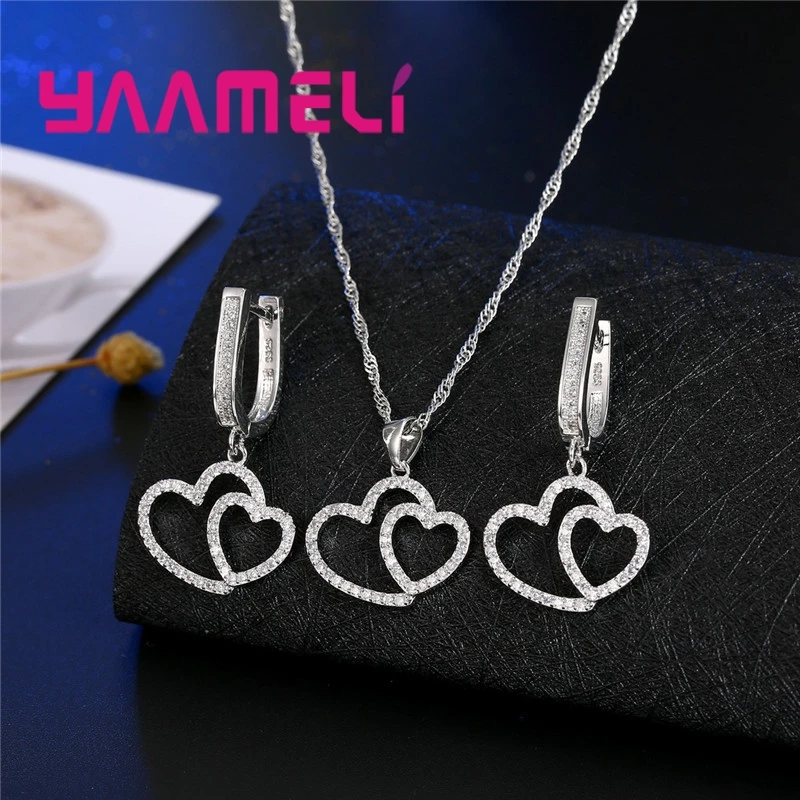 Romantic Heart to Heart Pattern Crystal Jewelry Sets Genuine 925 Sterling Silver Necklace Drop Earring for Women Valentine' Day