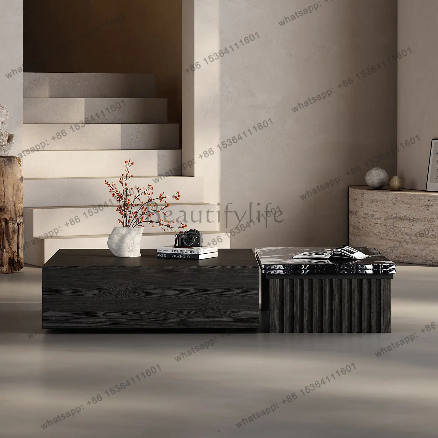 

Italian minimalist black luxury stone coffee table for home use, new light luxury high-end rectangular coffee table combination