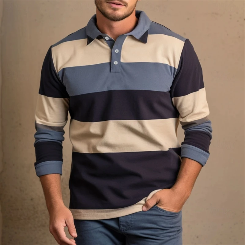 Camiseta Polo Casual a Rayas para Hombre, Estilo Urbano para Otoño, Camiseta Polo de Manga Larga con Estampado 3D, Ropa Holgada para Hombre