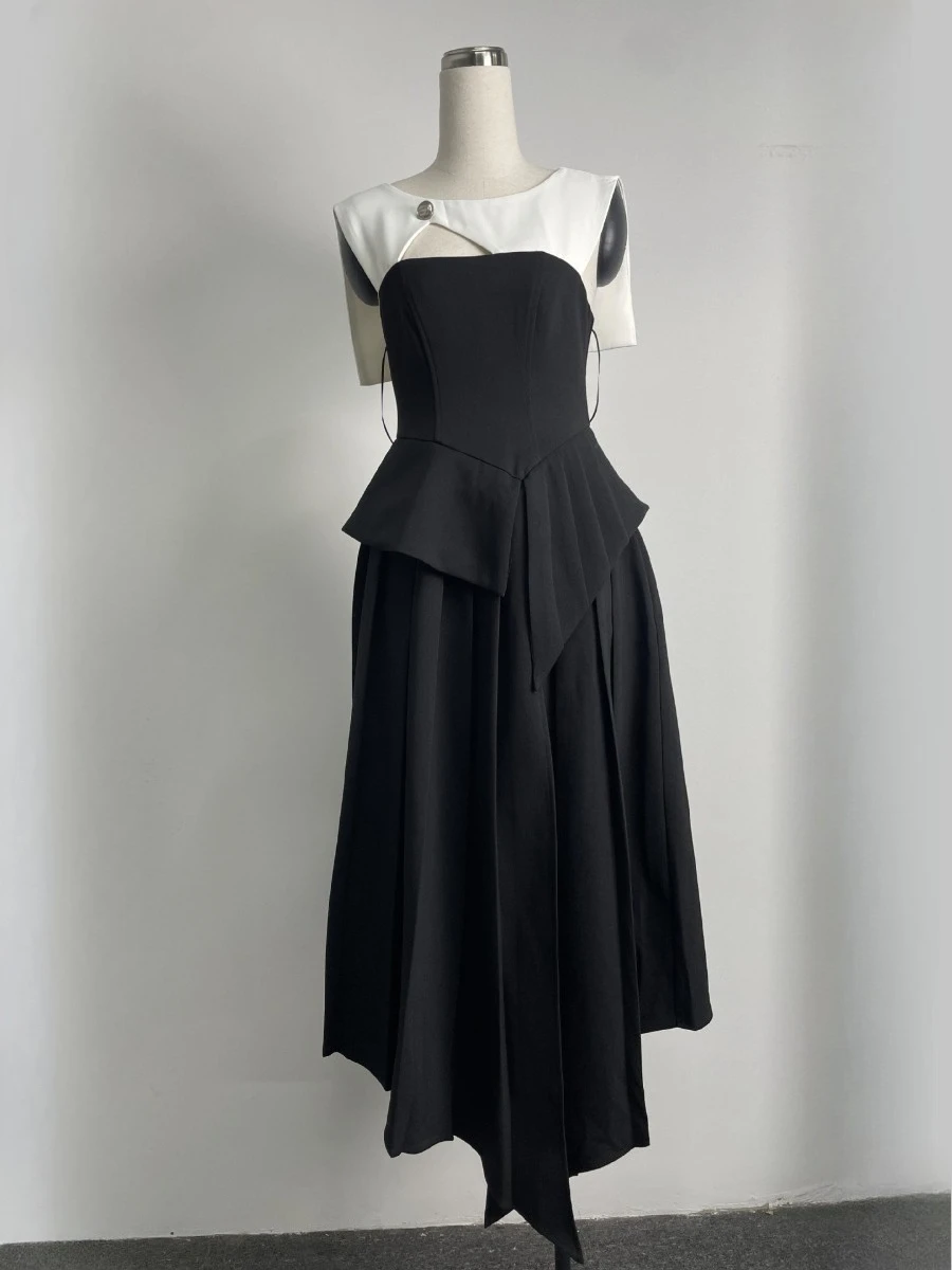 TWOTWINSTYLE 슬림 핏 홀로우 아웃 불규칙 롱 드레스 여성용 라운드 넥 슬리브리스 튜닉 패치워크 폴드 드레스 여성 신상