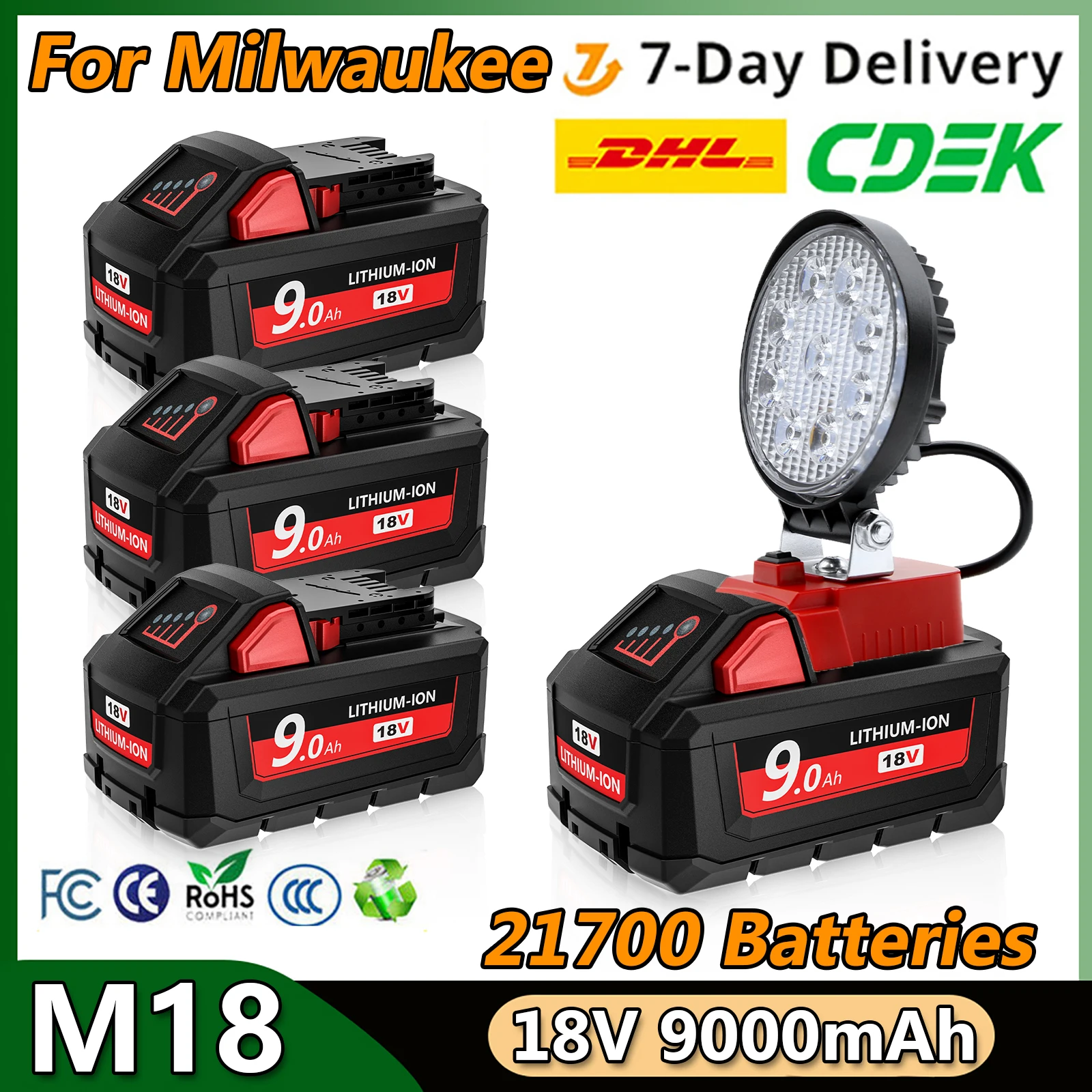 

18V 9000mAh For Milwaukee M18 Battery 21700 Batteries 9.0Ah Li-ion Rechargeable Battery 48-11-1815 48-11-1850 with Work Light