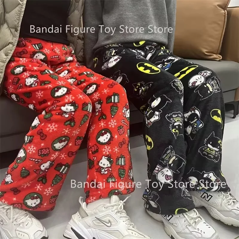 Sanrio Hellokitty Batman Pajama Autumn Pants Y2k Cartoon Hip Hop Ladies Warm Casual Plush Xmas Style Flannel Cute Pants Clothing