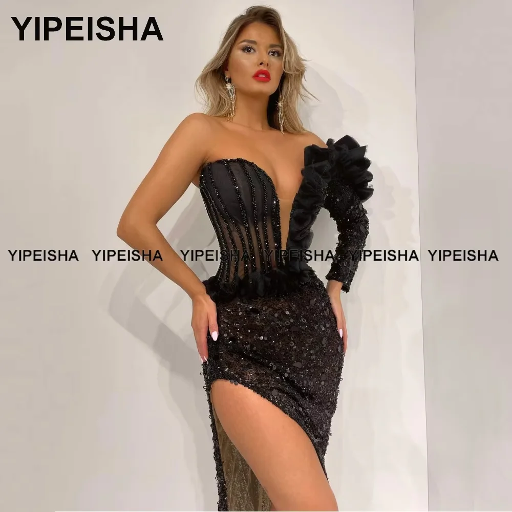 Abiti da spettacolo sexy personalizzati con spacco alto Abito da ballo nero con maniche lunghe glitterate Abito da sera a sirena lungo