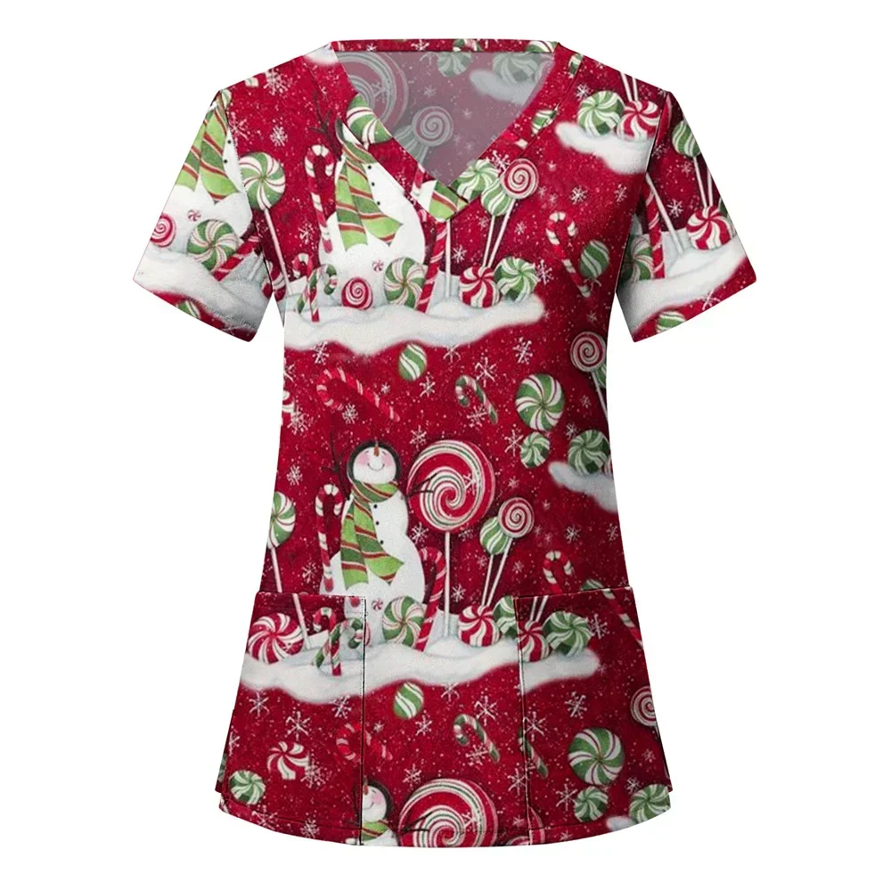 

Surgical Uniforms Holidays Christmas Prints Style Pocket Design Surgical Costume Woman V-Neck Short Sleeve Nurse Medical Uniform