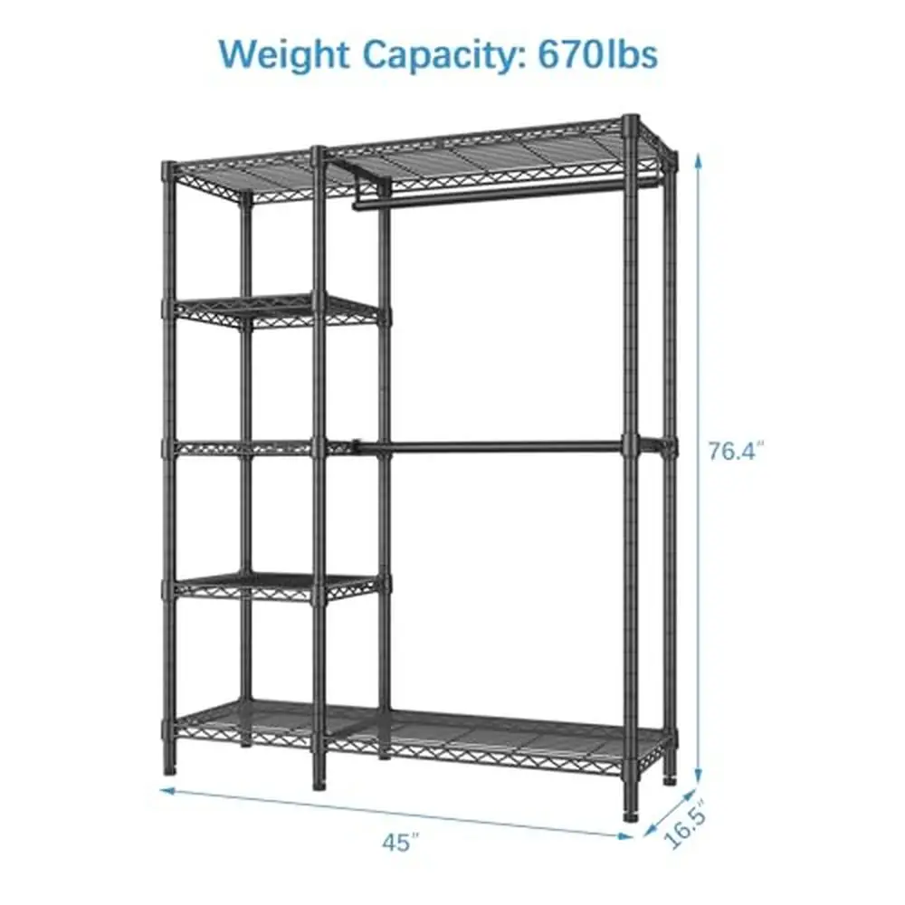 Heavy Duty Metal Clothes Rack with Double Hanging Rods 5-Tier Shelves Portable Closet System Garment Storage Max Load 670 lbs-