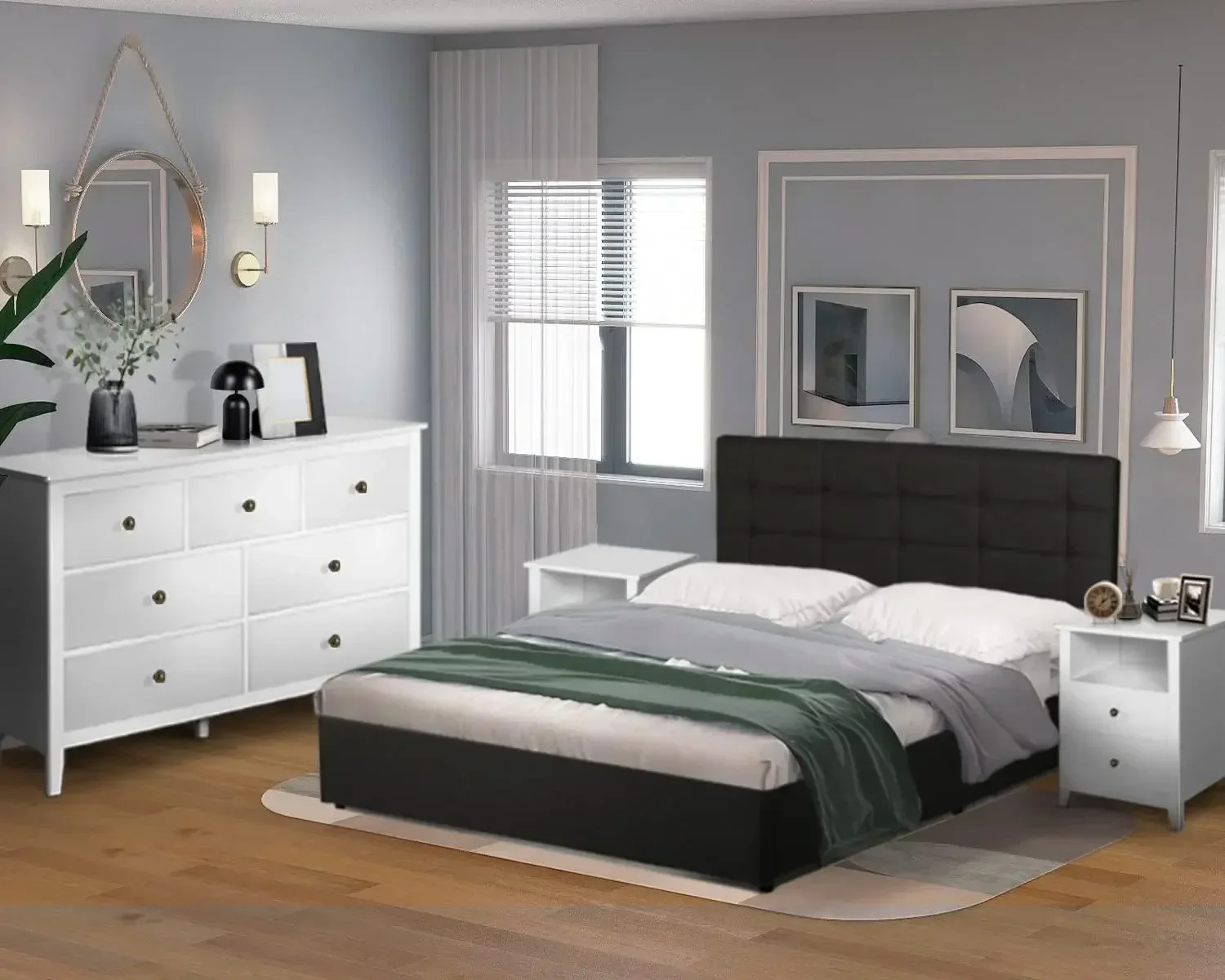 3 Pieces Bedroom Set, 7 Drawer Dresser and 2 Drawer Nightstands Set, Wooden Bedroom Furniture, Modern, White