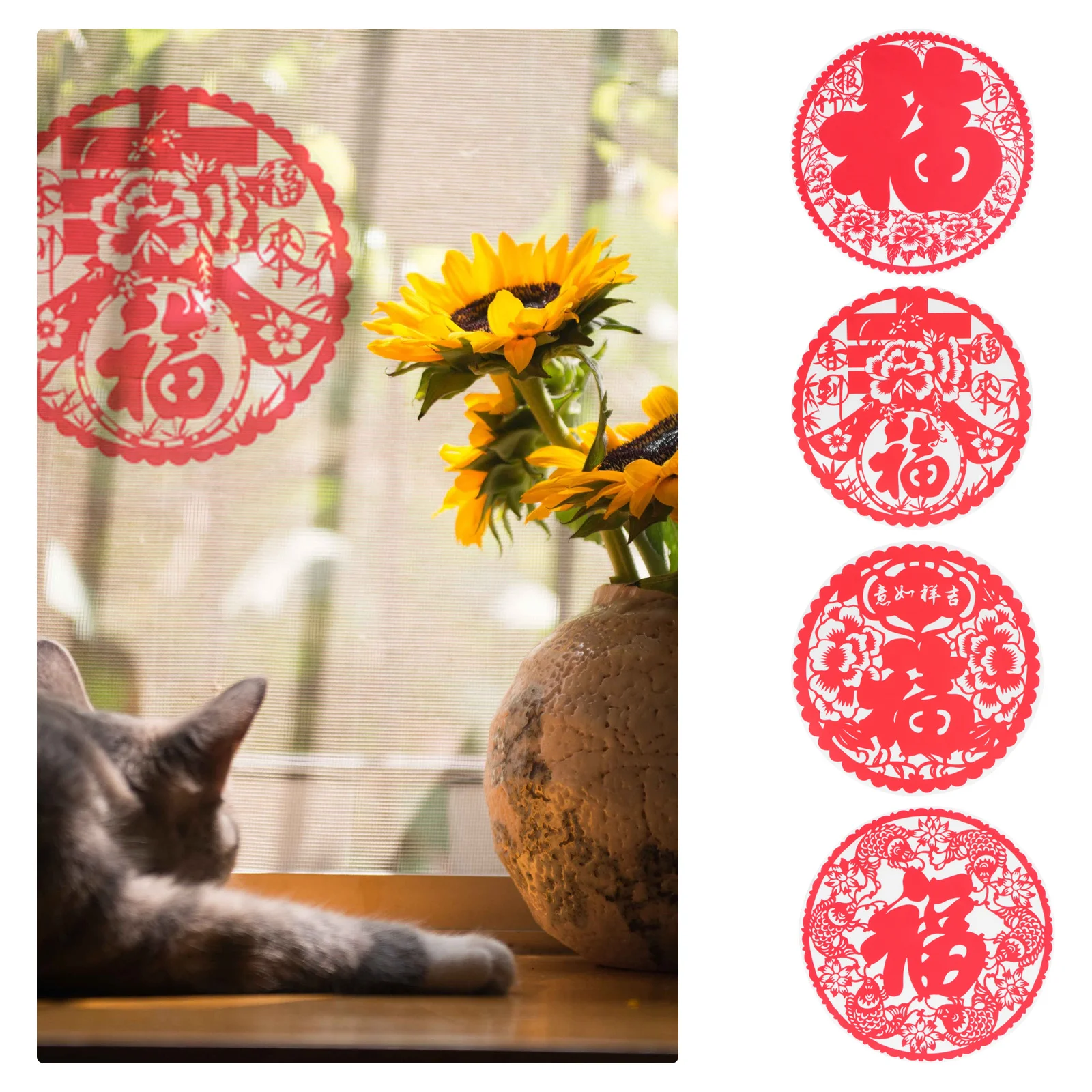 10 Uds. Pegatinas de ventana de personajes de bendición, calcomanías estáticas de Año de vaca de estilo chino tradicional, película de vidrio de Año Nuevo, Festival de Primavera