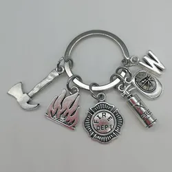 New Fire Extinguisher and Flame Keychain Letters A-Z Firemen Fire hero key ring Creative Firefighter Gift fasion jewellery