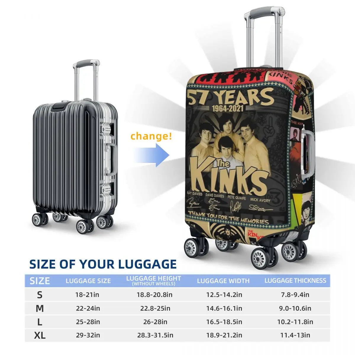 Kinks Vintage Print Luggage Protective Dust Covers Elastic Waterproof 18-32inch Suitcase Cover Travel Accessories