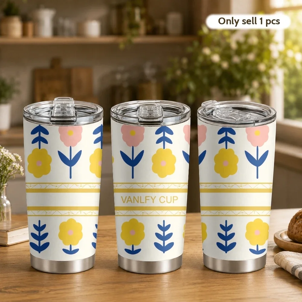 Geometric Floral Bloom Vacuum Flasks 20oz Coffee Tumbler Cup With 2 Lids And Straw, Stainless Steel Vacuum Insulated Travel Mug