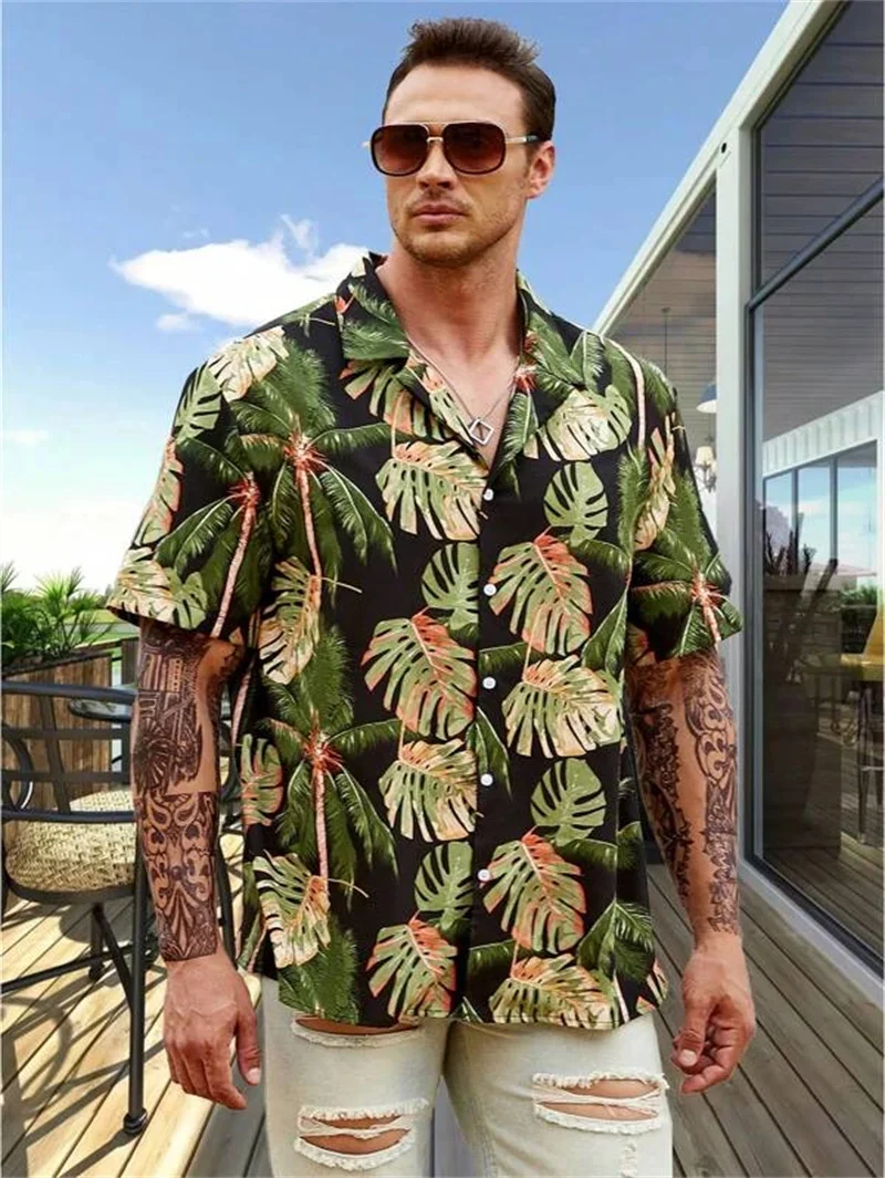 2023 Cuban collar Hawaiian shirts Men's summer plant print shirt Men's loose beach tops Outdoor social street men's clothing