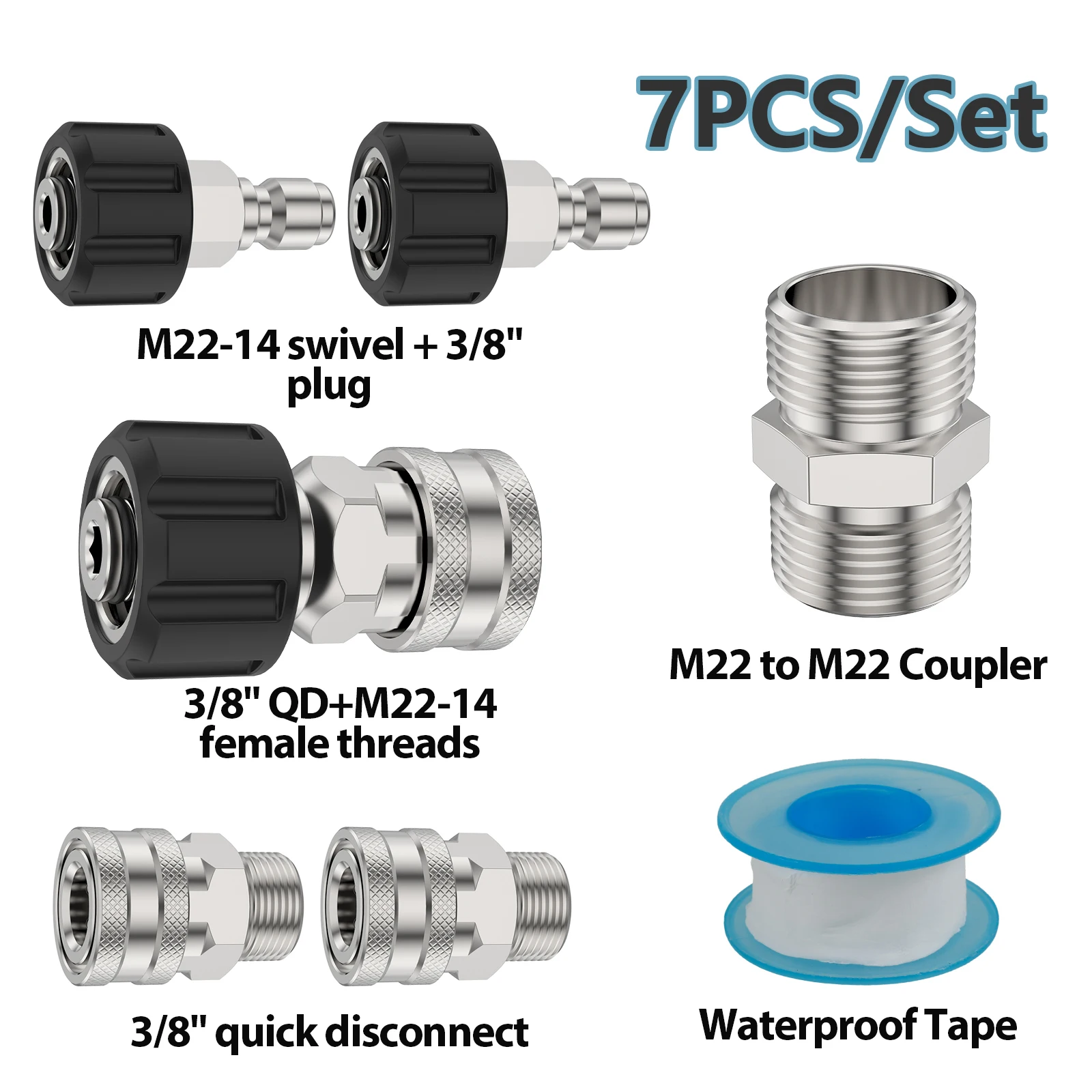 7PCS/Set Stainless Steel Pressure Washer Adapter M22 14mm to 3/8 inch Quick Disconnect Connector for Hose Pump Ball Valve Garden