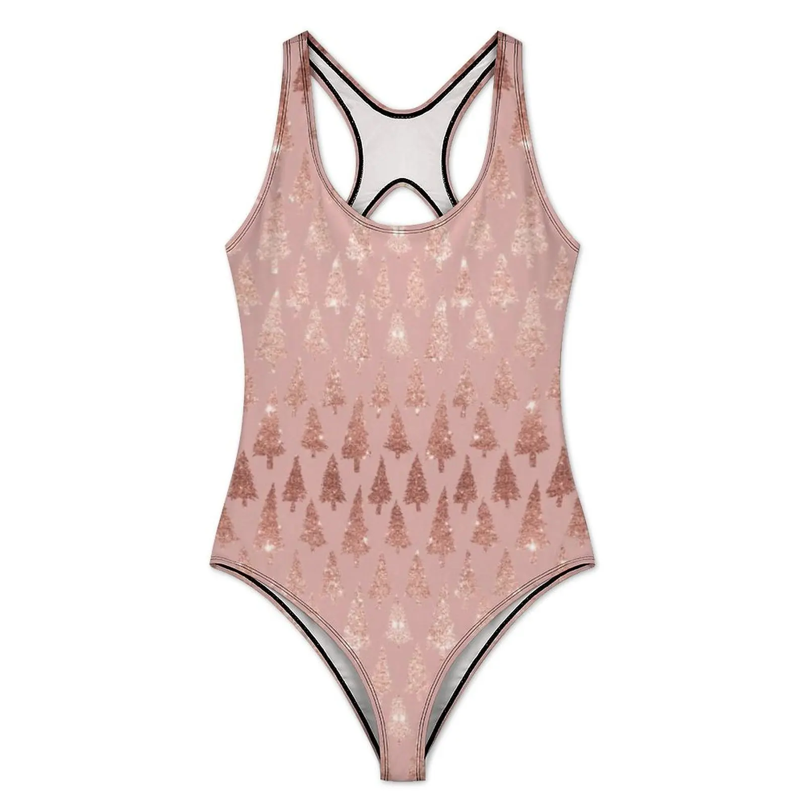 Elegant Rose Gold Metallic Swimsuit Glitter Pink Mauve Xmas Trees One-Piece Swimwear Push Up Monokini Vacation Bath Swimsuits