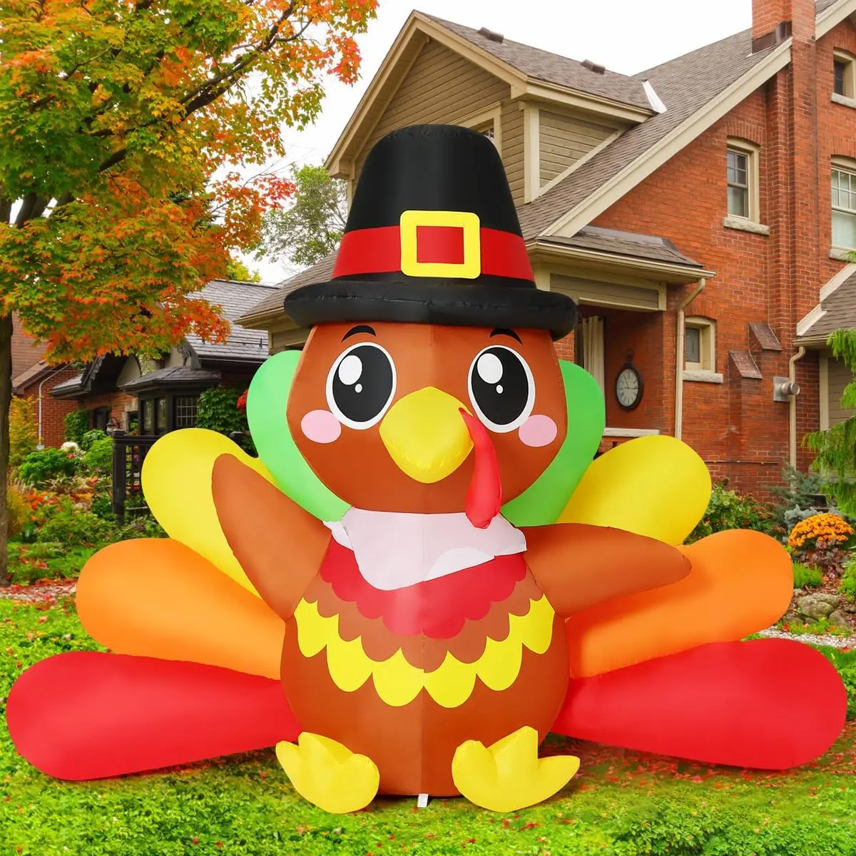 Thanksgiving Inflatable Baby Turkey Outdoor Decorations 7 FT Long with Big Colorful Tail And Pilgrim Hat Yard Decor for Holiday