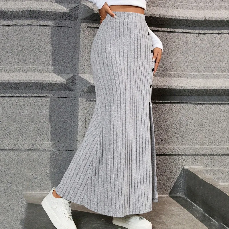 Comemore Fashion Gray High Waist Split Rib Knitted Half Skirt with Button Decoration Women's Spring Autumn Casual Long Skirts