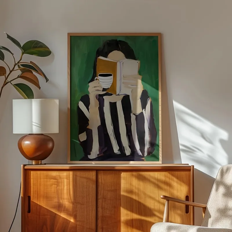 

1pc Unframed Green Modern Striped Reading Woman Canvas Art Print Minimalist Abstract Wall Decor Trendy Aesthetic Home Decoration