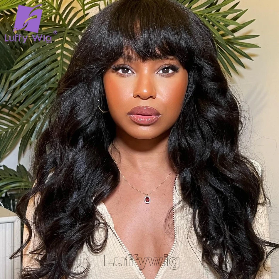 Yaki Wavy Wig with Bangs Full Machine Made Scalp Top Wig Wavy Yaki Fringe Wig Remy Brazilian Human Hair Wigs for Women 22