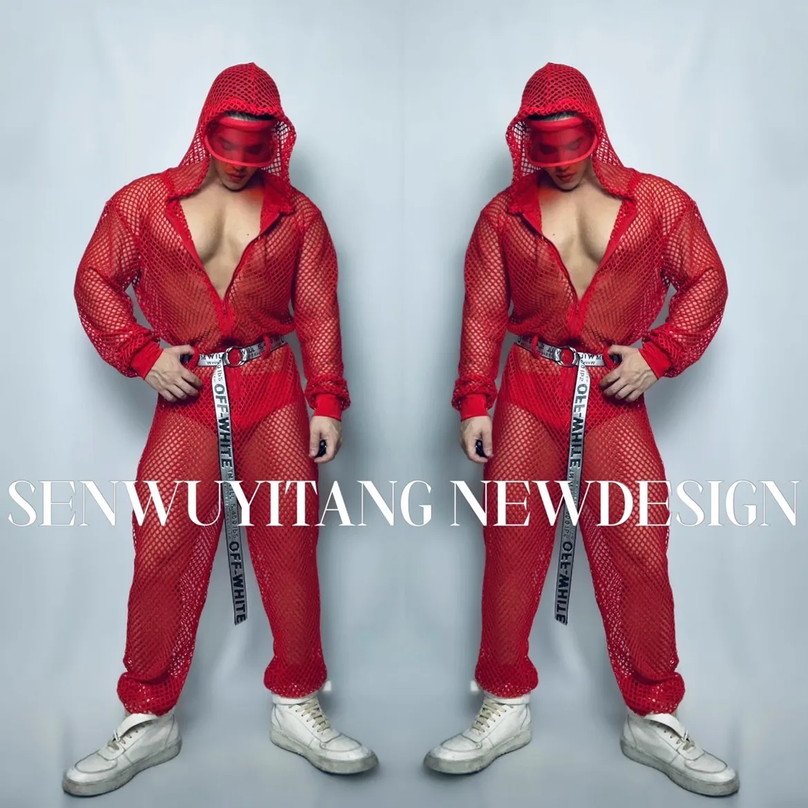 Christmas New Year Red Hollowed Jumpsuit+Briefs Sexy Gogo Nightclub Bar Singer DS Opening Show Stage Dance Performance Costumes