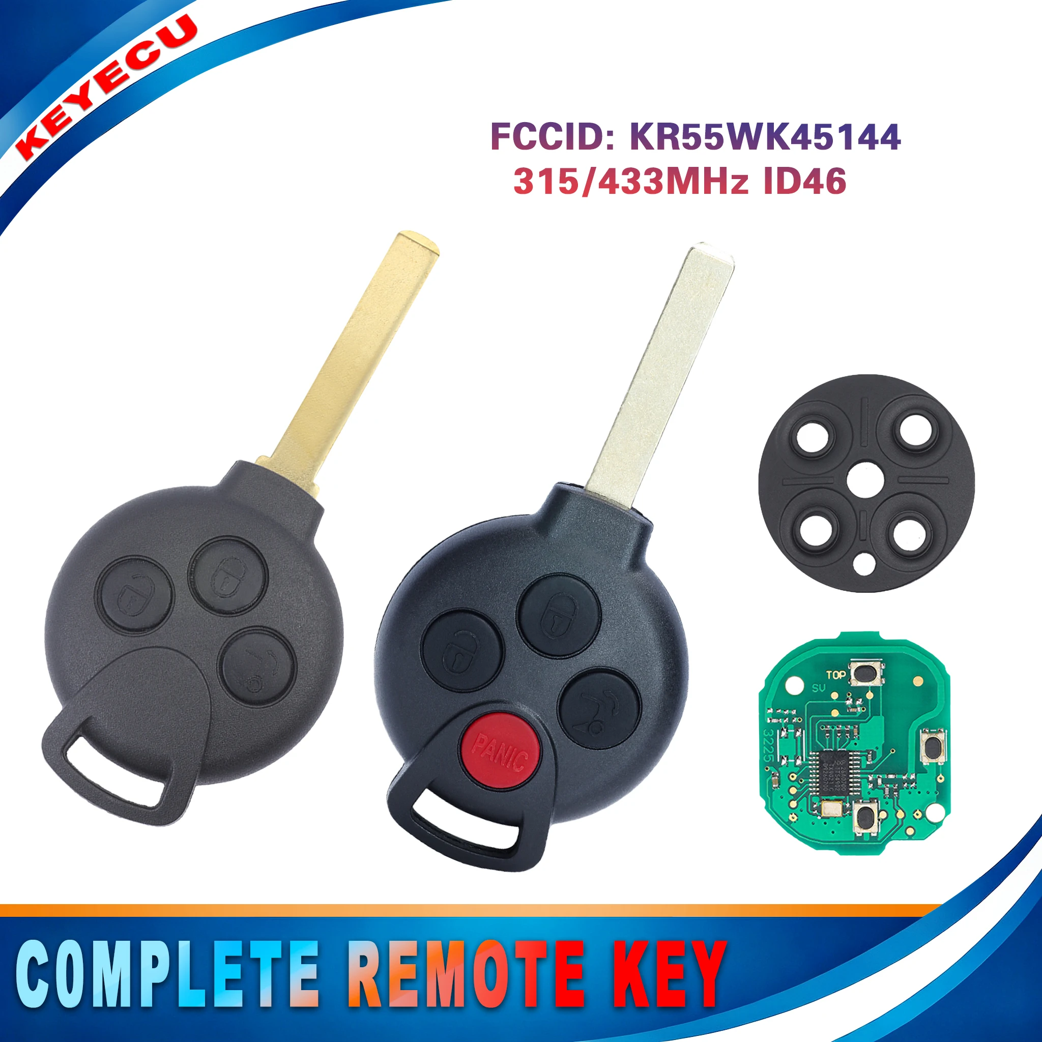 KEYECU for Mercedes Benz Smart Fortwo 451 2007-2015 Remote Key Fob 3 4 Button KR55WK45144 315/433MHz ID46