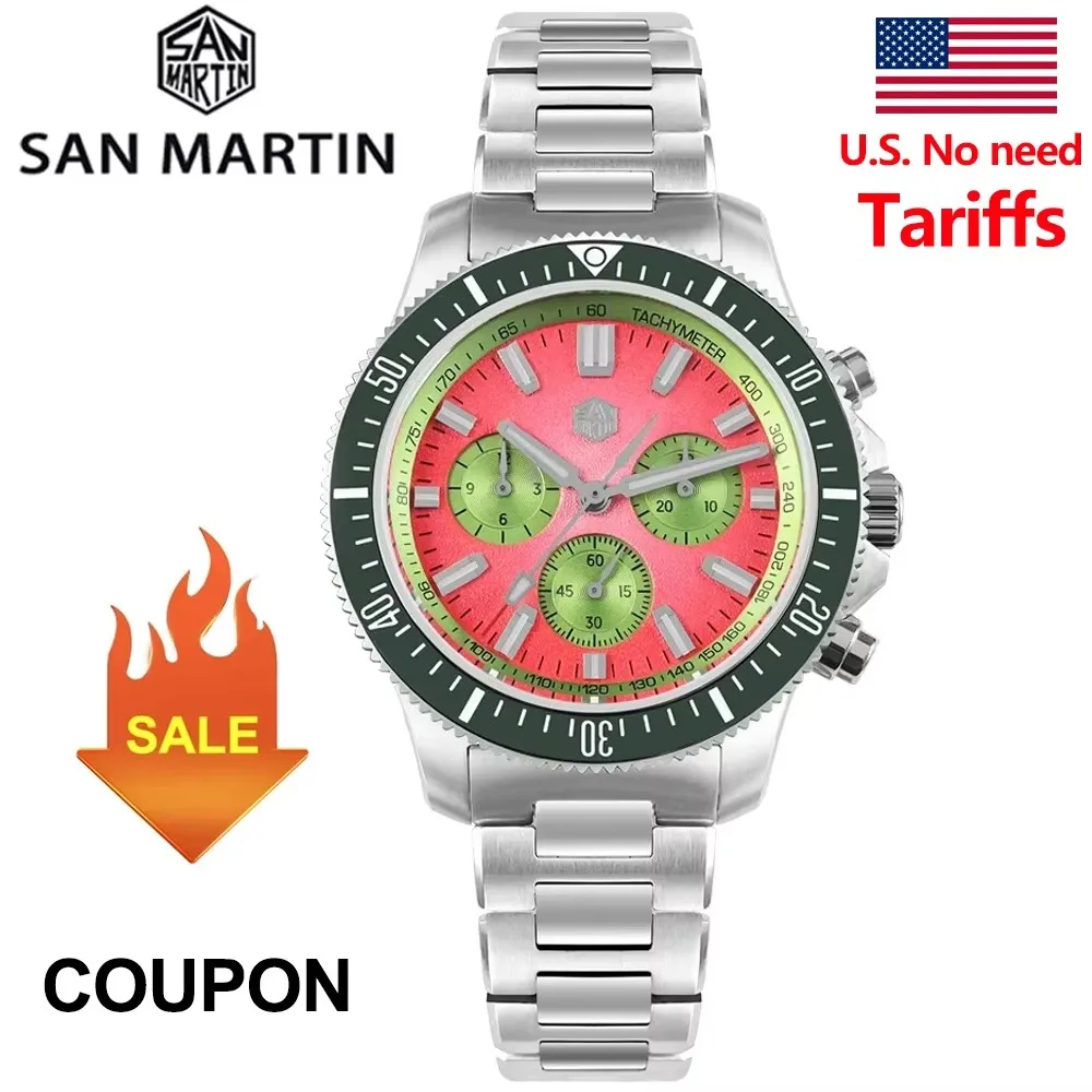 

San Martin SN0118 Chronograph Watch 40mm Peacock SL-4801 Automatic Movement Men Mechanical Watches Sapphire Luminous Wristwatch