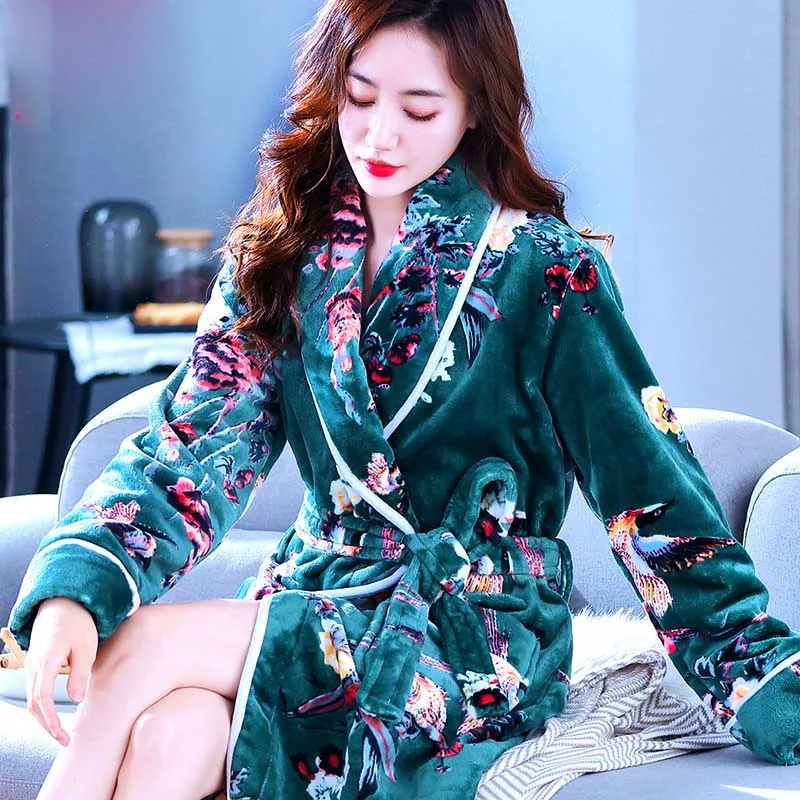 Women Robes Winter Warm Coral Fleece Nightdress Sleepwear Female Pajamas Home Clothes Floral Dressing Gron Kimono Hotel Bathrobe