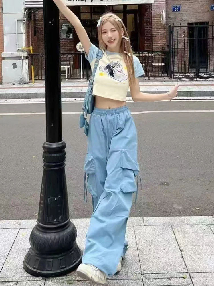 

Брюки-карго Y2K, широкие брюки, женские модные повседневные брюки с высокой талией и карманами в стиле хип-хоп, уличная одежда, мешковатые спортивные штаны на шнурке