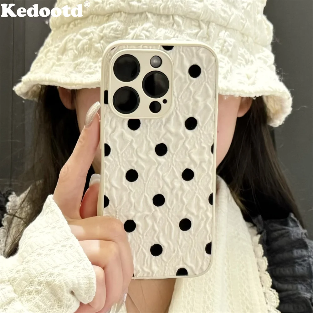 Luxury Fold Cloth Fabric Black Polka Dot Pattern Case For iPhone 16 15 14 13 12 11 Pro Max Pleat Wrinkle Shockproof Bumper Funda