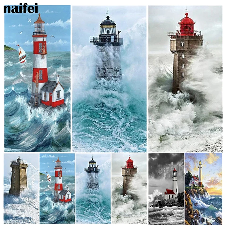 Seaside Lighthouse 5D Diamond Painting Kit Full Square Round Drill Rhinestone DIY Wall Art Crafts Mosaic Picture Home Decoration