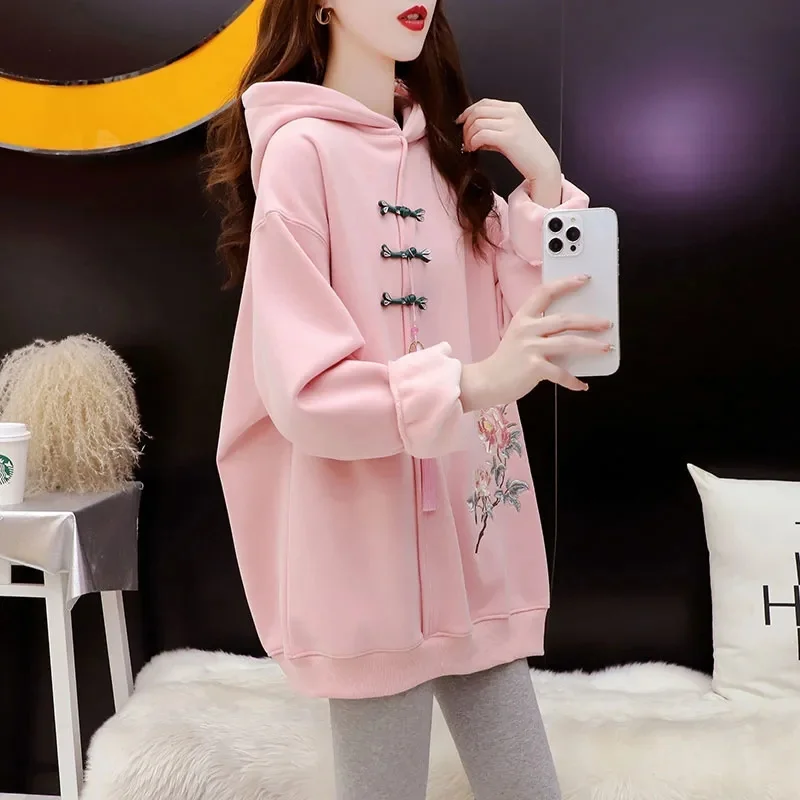 

Plush and Thicken China-Chic Style Hooded Sweatershirt Women 2023 New Autumn Winter Yangqi Age Reducing Loose Design Coat Female