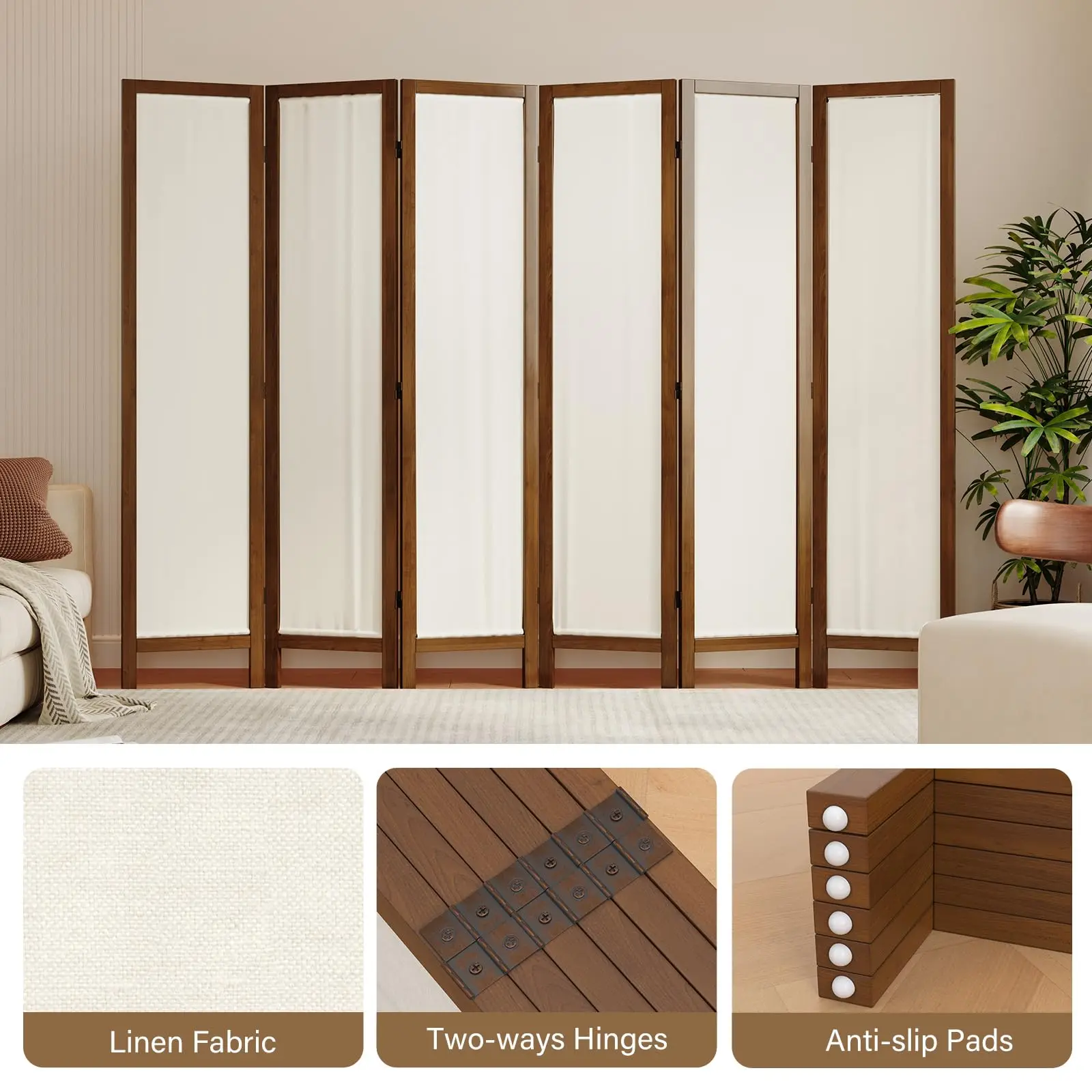 Linen Room Divider Privacy Sn, Foldable Wood Fe Partition Room Dividers with Removable Linen Fabric Curtain, Room