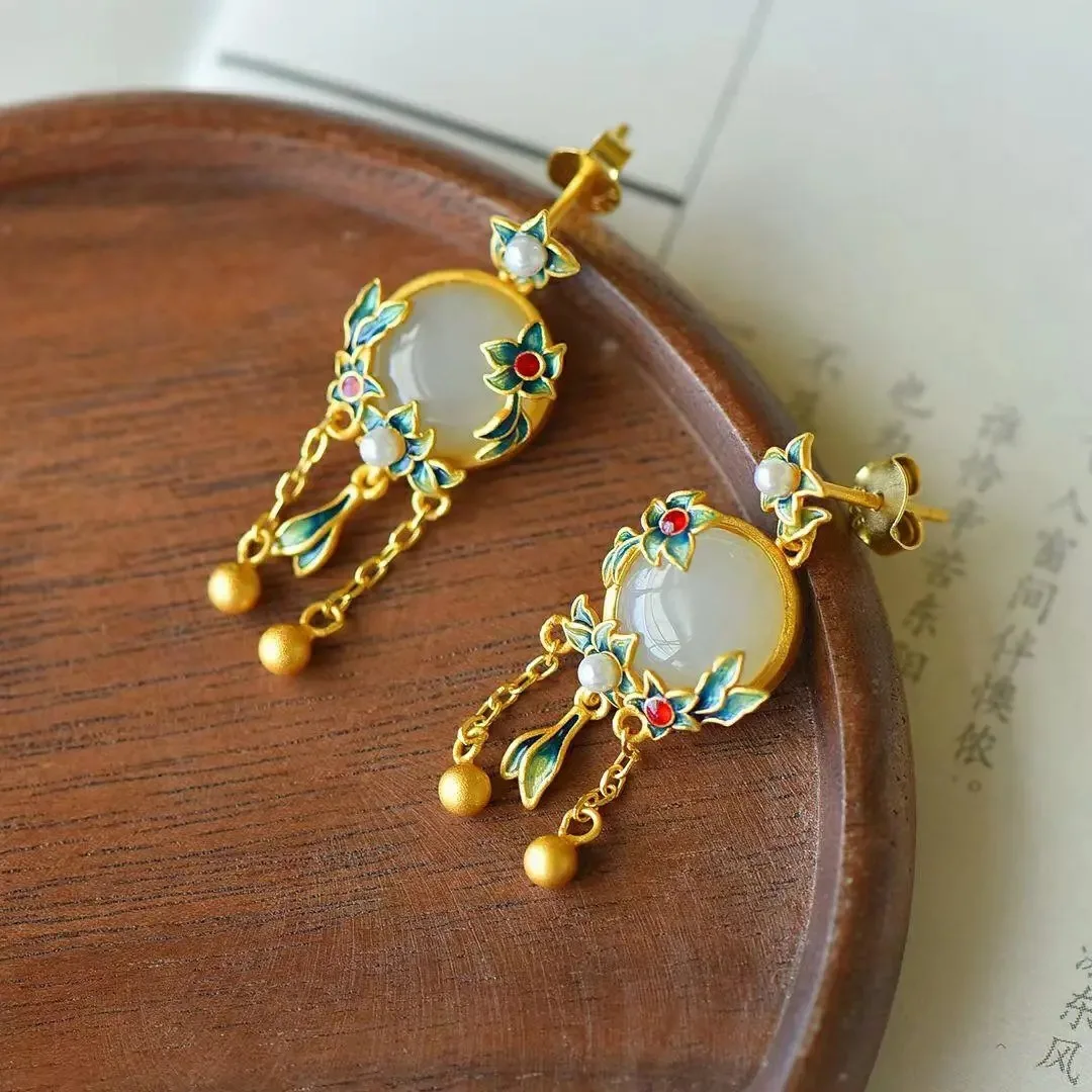 

Fashion Ethnic Chinese Style Full of Flowers Wreath Hotan Jade S925 Silver Gilded Enamel Earring for Women Party Girlfriend Gift