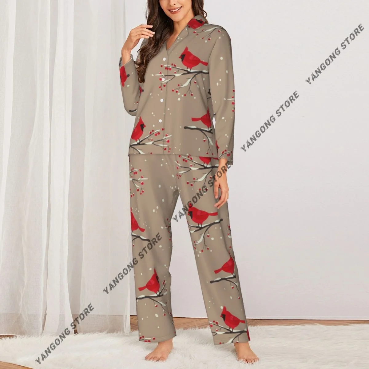 Women Sleepwear Pajamas Cardinal Bird Silhouettes On Snowy Berry Branches Long Sleeve Pijama Female Set Negligee Cardigan Suit