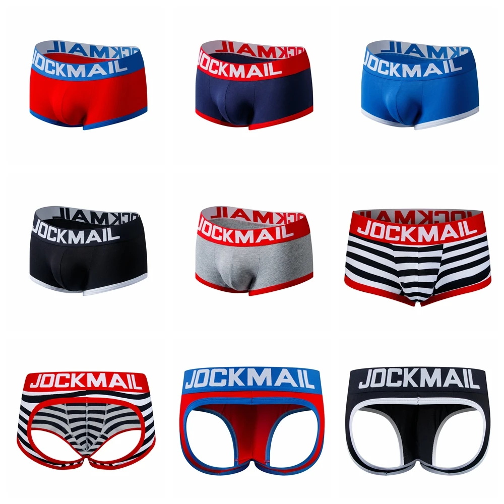 JOCKMAIL 브랜드 남성 속옷 복서 반바지, 백리스 엉덩이 코튼, 섹시한 오픈 백, 게이 남자 언더팬츠, 조크스트랩, 시시 트렁크