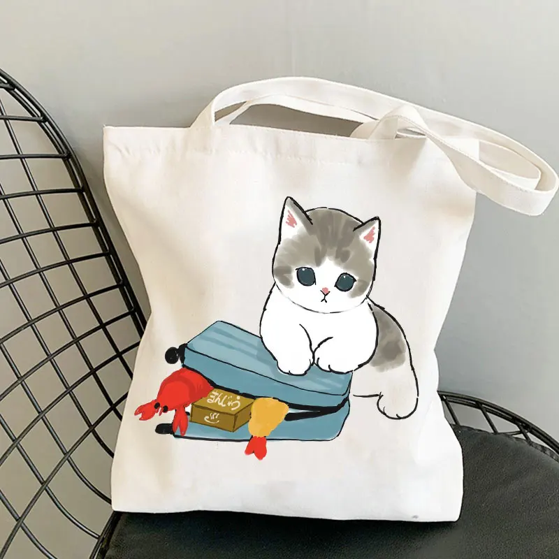 Japan Mofusand Cat White Canvas Women Shopping Bags Animal Girl Shoulder Cloth Bags Reusable Shopper Teacher Student Book Bags