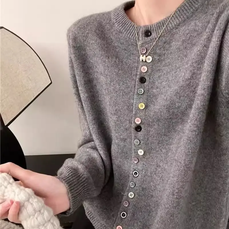 Fashion Knitting 2024 New Cardigan Spring Autumn Temperament Top Tee Long Sleeve O-neck Sweater Coat Sweet Solid Color Top Tee