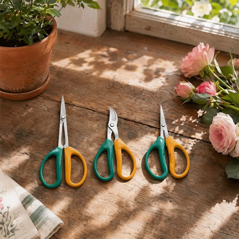 3PCS Stainless Steel Pruning Scissors Curved Blade Anti-Slip Softgrip Garden Shears Lightweight Green and Yellow Hand Pruners