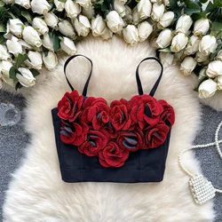 Chic Vintage Bustier Three-dimensional Flower Tank Top Korean Fashion Summer Beach sleeveless Women Sling Crop Top