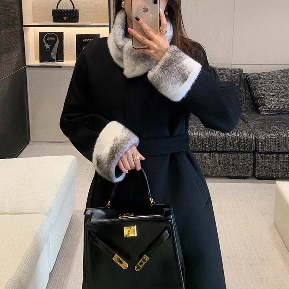 2025 Winter Women Thick Warm Cashmere Coat Elegant Black Overcoat Lace-up Patchwork Mink Fur Woolen Coats