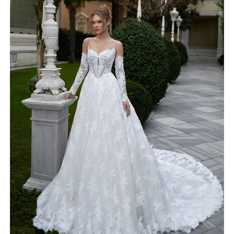 Exquisite Wedding Dress Organza With Embroidery A-Line Ballgown Fullsleeve V-Neck Customized Bride Dress Vestido De Novia Button