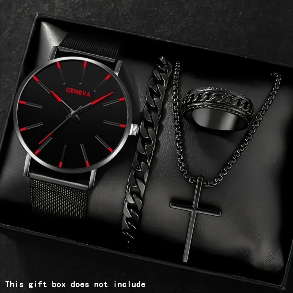 5pcs/set Fashion Men's Quartz Watch Set Classic Pointer Design Alloy Mesh Strap Watch Necklace Bracelet Ring Ideal Gift for Men