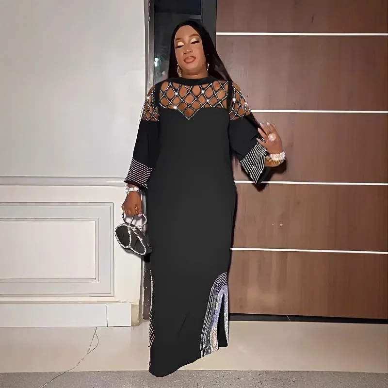 

KEXU Women Diamonds Hot Rhinestones Long Sleeve Maxi Dress 2025 Spring O-neck Evening Club Africa Sexy Party Dresses Vestidos