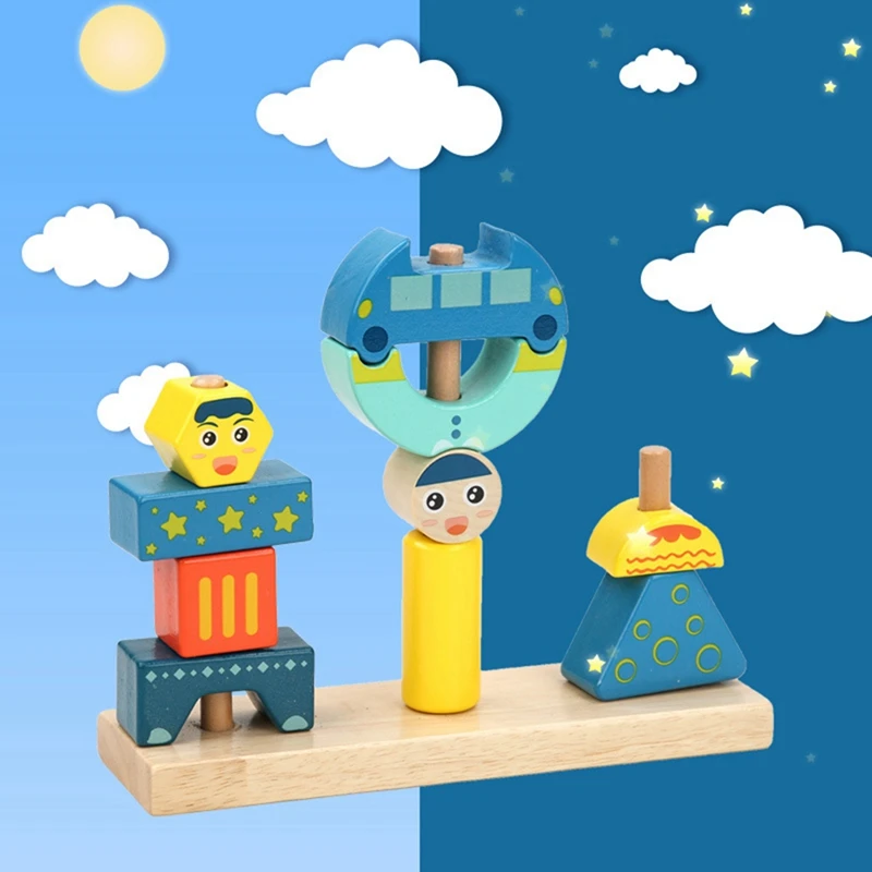 Bloques de construcción creativos de madera para niños, juguetes de sol y luna, pilar de día y noche, juego de bloques de construcción de madera